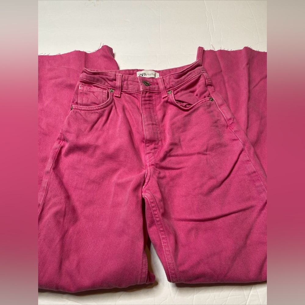 ZARA Women's Pink High Waisted Flare Jeans Wide Leg Raw Hem 90's Size 00